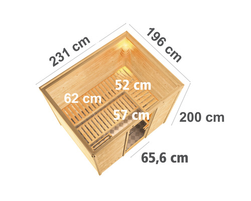 Bovenaanzicht van een sauna met maatvoering