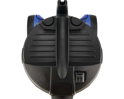 Weergave van een zwarte vijverpomp met blauwe details.