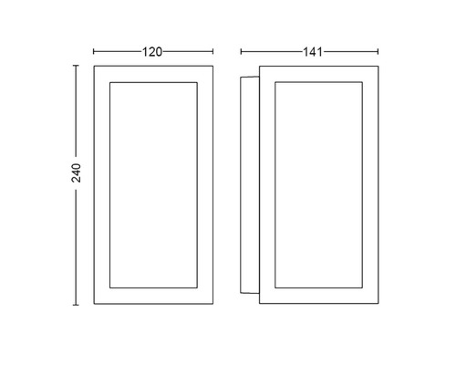 Technische tekening met afmetingen voor een wandlamp: hoogte 240, breedte 120 en diepte 141.