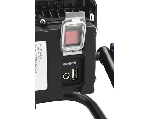 Gedetailleerd beeld van een bouwlamp met schakelaar, laadstatusindicator en USB-poort