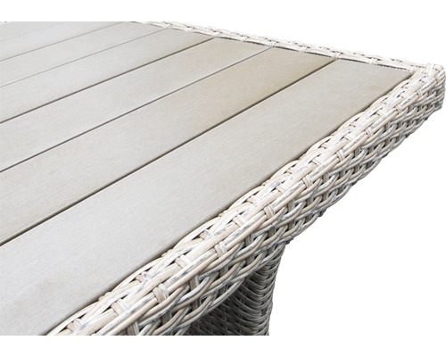 Detailopname van een houten terrastafelblad met een rotan rand.