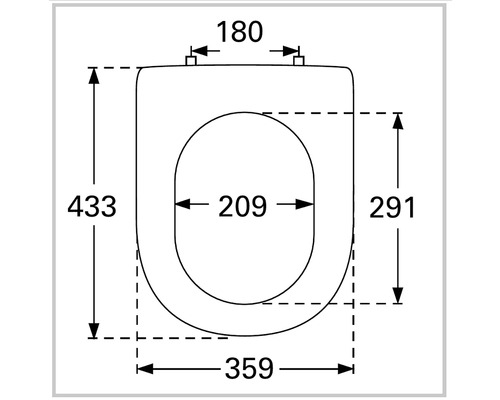 Technische tekening van een toiletbril met maatvoering