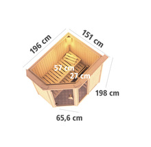 Bovenaanzicht van een sauna met maatgegevens.