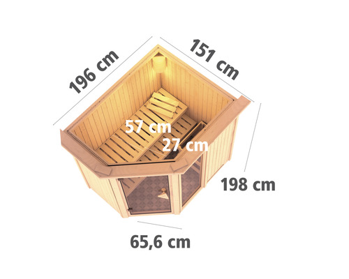 Bovenaanzicht van een sauna met maatgegevens.