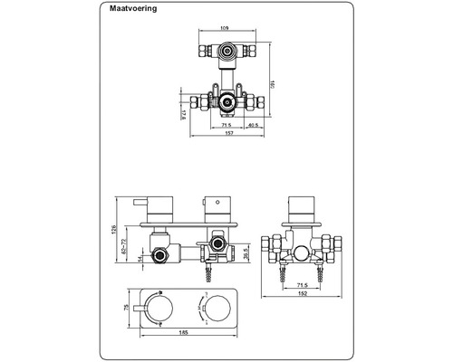 Maatschets van een inbouw thermostaatkraan met diverse aanzichten en maatvoeringen.