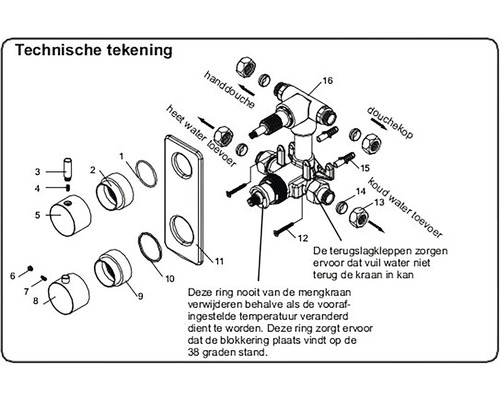 Technische tekening van een kraan met onderdelen en labels