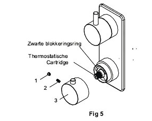 Tekening van een thermostatische cartridge met zwarte borgring en bevestigingsmiddelen