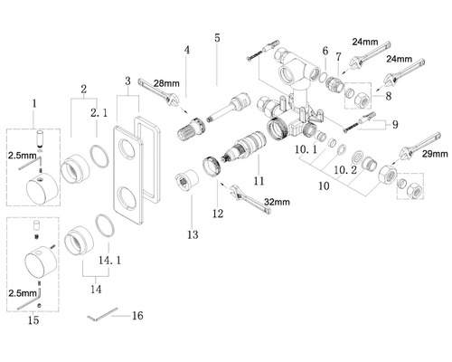 Explosietekening van een kraan met diverse componenten en gereedschappen.