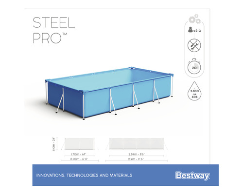 Rechthoekig zwembad met stalen frame Steel Pro met afmetingen en vulhoeveelheid van Bestway