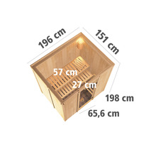 Sauna met afmetingen, bestaande uit hout en met deur