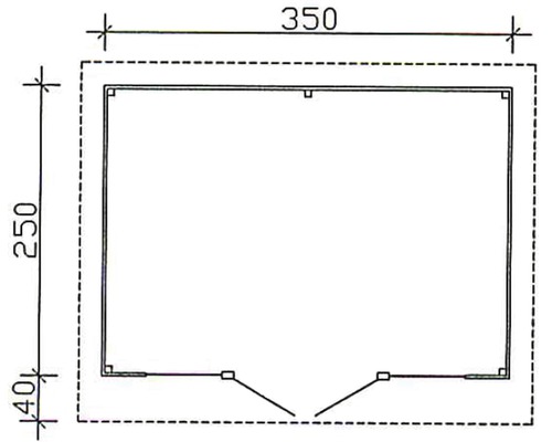 Plattegrond van een tuinhuis met de afmetingen 350 x 250 cm