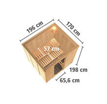 Interieur van een houten sauna met afmetingen van 196 cm bij 170 cm bij 198 cm
