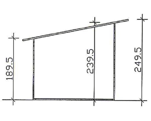Technische tekening van een tuinhuis met hoogtematen in centimeters.