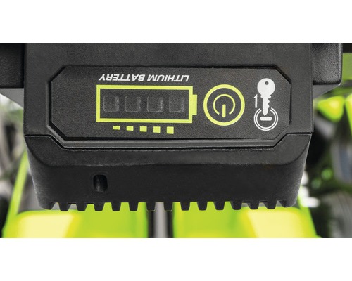 Lithiumbatterij indicator met batterijniveau, aan-uitknop en sleutelsymbool.