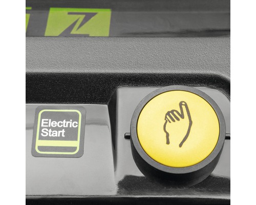 Gedetailleerde weergave van een gele startknop en het symbool ''Elektrische start''