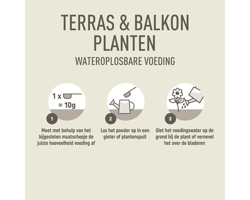 Instructies voor het gebruik van wateroplosbare meststof voor terras- en balkonplanten.