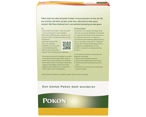 Achterkant van de Pokon Kalimest verpakking met informatie over gebruik en dosering