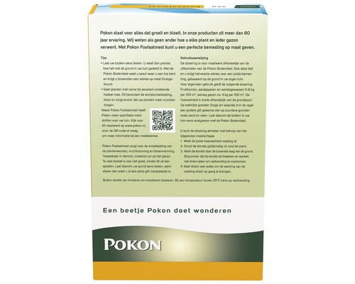 Verpakking van Pokon Fosfaatmest met informatie over gebruik en voordelen