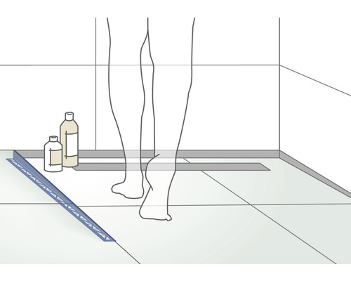 Illustratie van een douche met douchegoot, tegels en douchegel