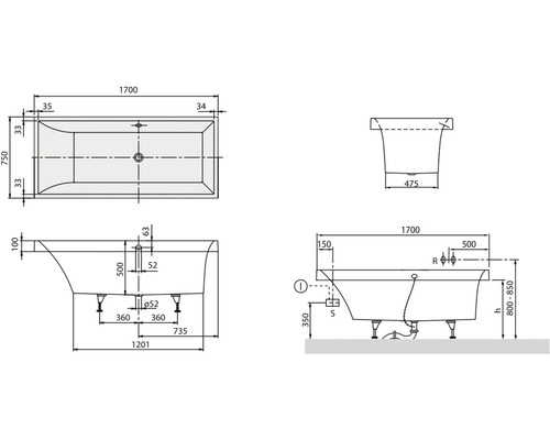 Technische tekening van een badkuip met afmetingen