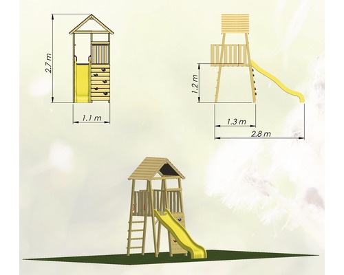 Technische tekening van een speeltoren met glijbaan en klimwand met afmetingen