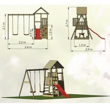 Afbeelding van een speeltoren met schommel en glijbaan, inclusief afmetingen