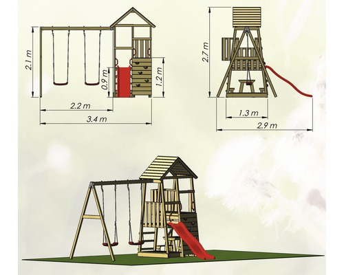 Afbeelding van een speeltoren met schommel en glijbaan, inclusief afmetingen