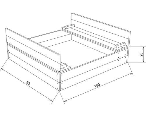 Technische tekening van een zandbak met de afmetingen 95, 100 en 20 centimeter.