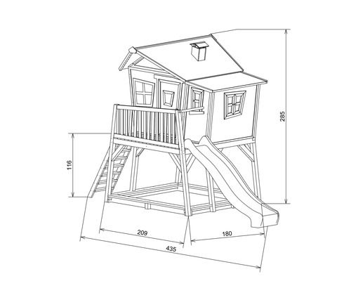Technische tekening van een speelhuis met glijbaan en ladder