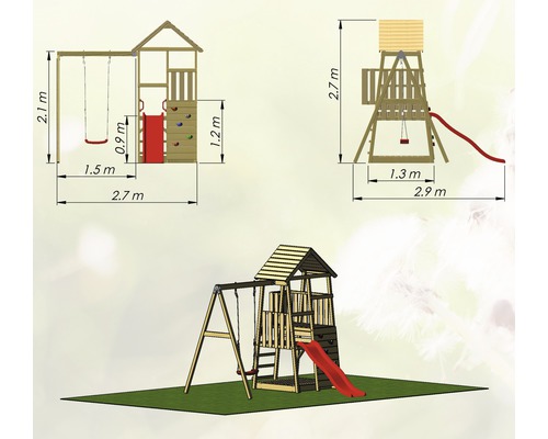 Speeltoren met schommel, glijbaan en klimwand, zijaanzicht en vooraanzicht met afmetingen