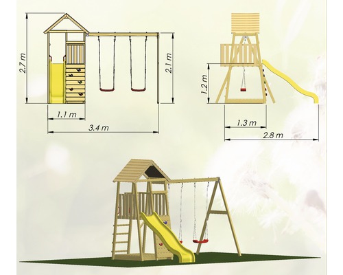Illustratie van een speeltoestel met schommel en glijbaan, met afmetingen