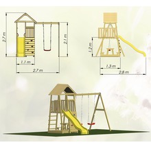 Afbeelding van een speeltoestel met schommel en glijbaan, inclusief maatvoering.