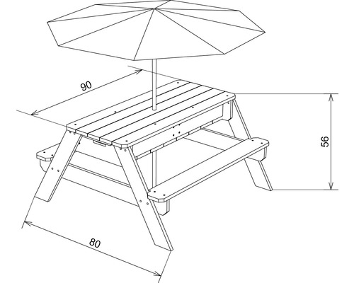 Technische tekening van een kindertafel met parasol en afmetingen 90 x 80 x 56 cm.