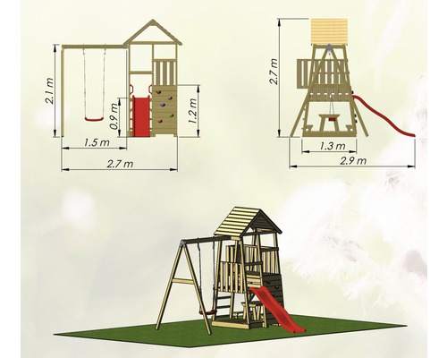 Afbeelding van een speeltoren met schommel en glijbaan met afmetingen
