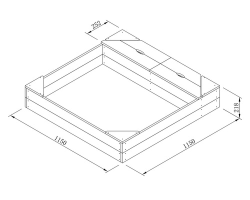 Schets van een zandbak met de afmetingen 1150 x 1150 x 218 millimeter en hoekafdekkingen van 252 millimeter