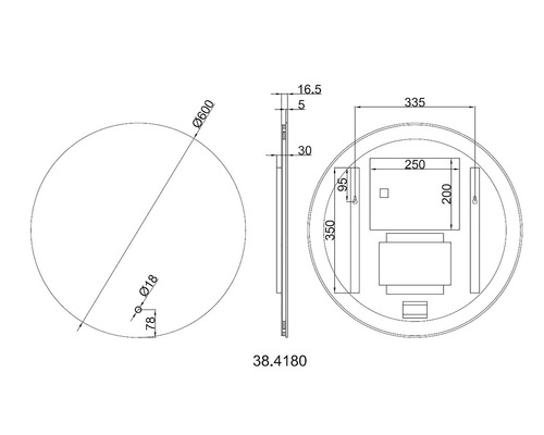 Technische tekening van een ronde spiegel met afmetingen