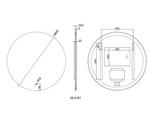 Technische tekening van een ronde spiegel met afmetingen