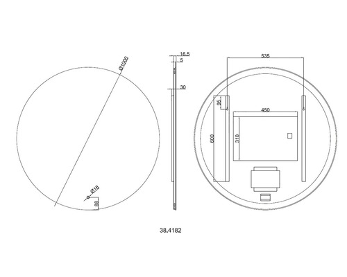 Technische tekening van een ronde spiegel met afmetingen van 1000 millimeter doorsnede.