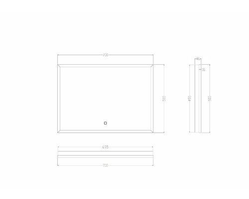 Technische tekening van een rechthoekige spiegel met maatvoering