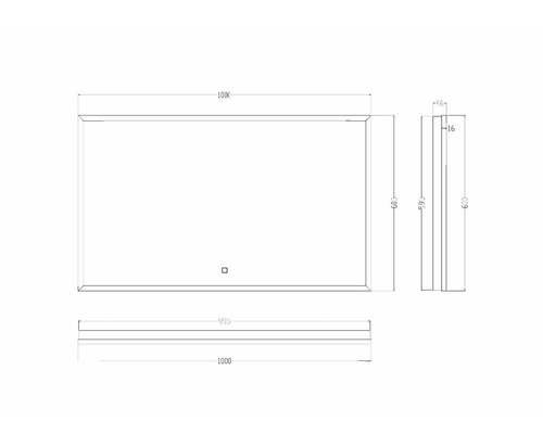 Technische tekening van een spiegel met de afmetingen 1000 x 600 mm