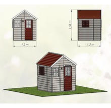 Afbeelding van een speelhuis met afmetingen van 1,2 meter bij 1,55 meter.