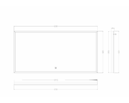 Technische tekening van een rechthoekige spiegel met ledverlichting en afmetingen van 1200 x 600 mm.