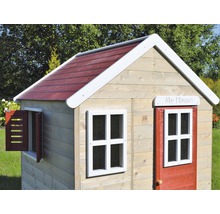 Houten speelhuis met ramen, deur en rood dak