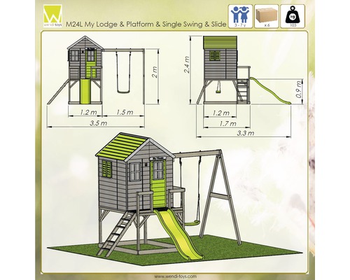 Afbeelding van het speelhuis met schommel en glijbaan met maatvoering