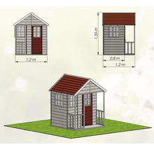 Illustratie van een speelhuis met afmetingen van 1,2 meter bij 1,55 meter.