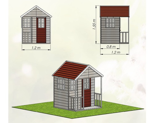 Illustratie van een speelhuis met afmetingen van 1,2 meter bij 1,55 meter.