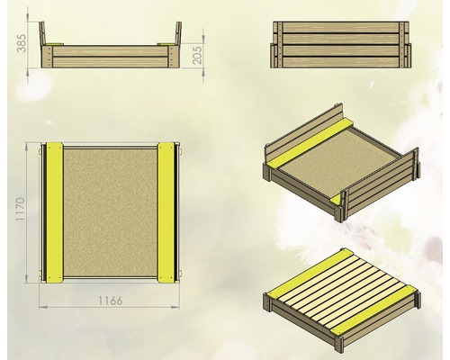 Technische tekening van een zandbak met afmetingen