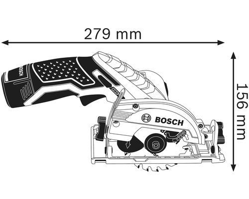 Afbeelding van de cirkelzaag met afmetingen: 279 mm lengte en 156 mm hoogte.