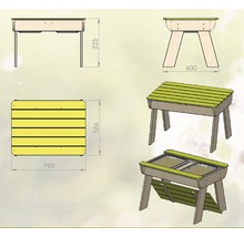 Technische tekening van een zandbaktafel met afmetingen.