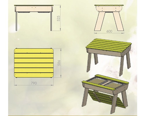 Technische tekening van een zandbaktafel met afmetingen.